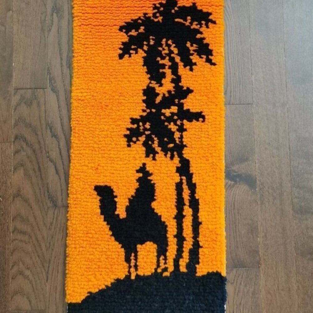 60s Latch Hook Wall Hanging 14"x39" Vintage MCM Orange Black Camel Rider Palm